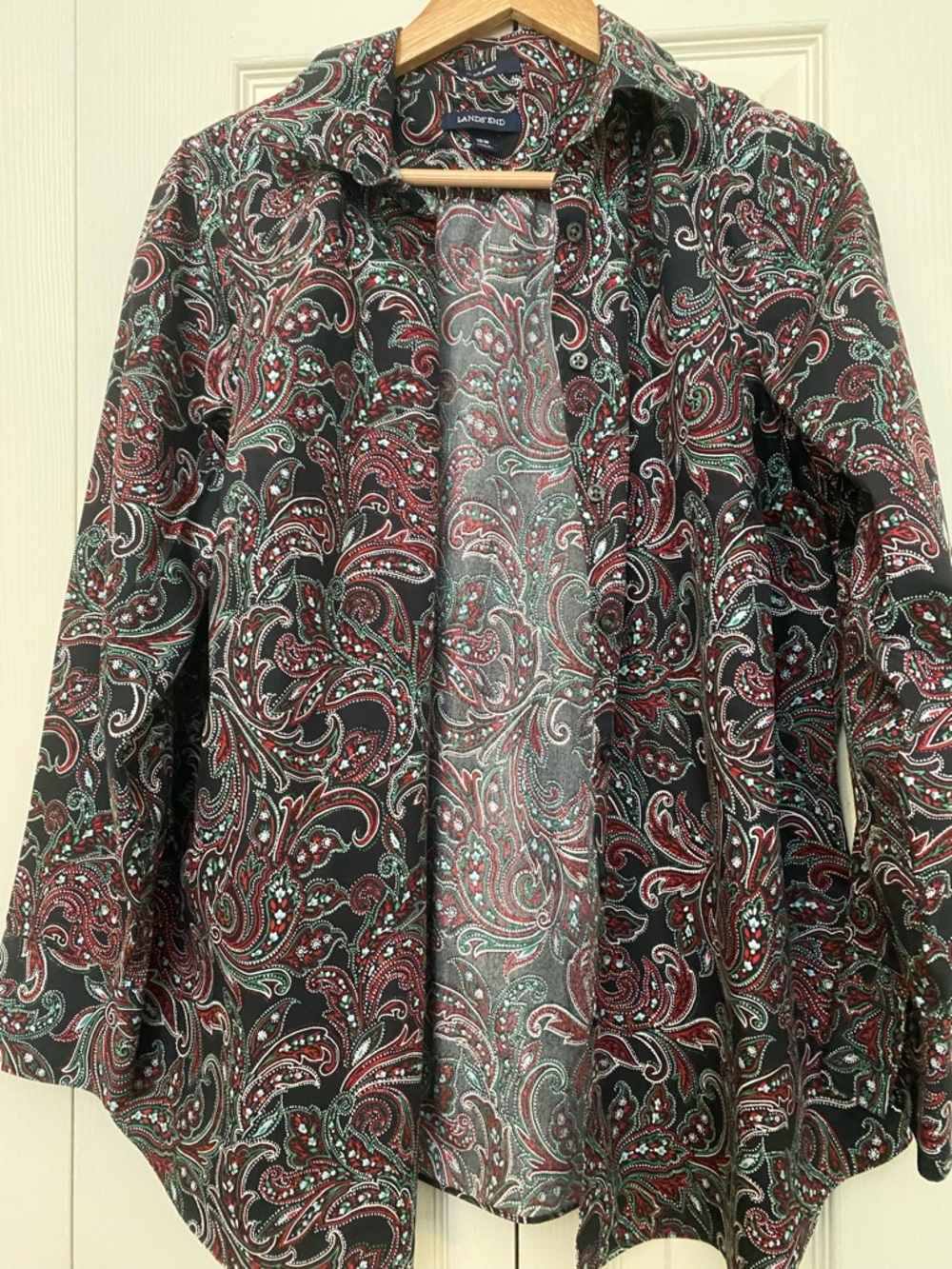 Lands' End Women's Black Paisley Button-Up Shirt with Red and Green Accents